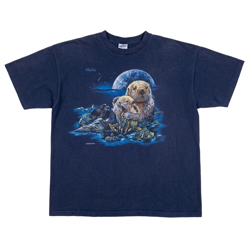 VTG 90s Habitat Sea Otter T Shirt Alaska Moon Nature XXL Blue Gildan Heavyweight
